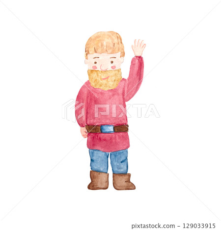 Bearded man in red tunic, blue pants, brown boots, raising his hand in friendly greeting. Cute watercolor illustration isolated on white. Ideal for children books, storytelling, folk-themed projects Bearded man in red tunic, blue pants, brown boots, raising his hand in friendly greeting. Cute watercolor illustration isolated on white. Ideal for children books, storytelling, folk-themed projects 129033915