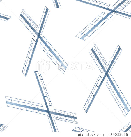 Abstract windmill blades arranged in diagonal rhythm on white background.Seamless watercolor pattern. Airy, architectural design ideal for textiles, packaging, stationery, and eco-themed branding Abstract windmill blades arranged in diagonal rhythm on white background.Seamless watercolor pattern. Airy, architectural design ideal for textiles, packaging, stationery, and eco-themed branding 129033916