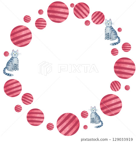 Red striped balls and cute gray tabby cats. Watercolor circular frame isolated on white. Playful, perfect for baby announcements, pet-themed invitations, greeting cards, creative scrapbooking projects 129033919