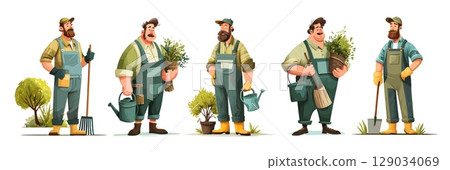 Garden workers. Farm worker landscaping work cartoon characters set, gardener growing plants trees bushes grass in backyard park man with shovel planting care vector illustration Garden workers. Farm worker landscaping work cartoon characters set, gardener growing plants trees bushes grass in backyard park man with shovel planting care vector illustration 129034069