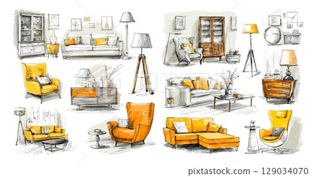 Furniture interior sketches. Home cozy furnitures architect plan living room design sketch sofa couch chair torcher lamp sideboard dresser nightstand watercolor vector illustration 129034070