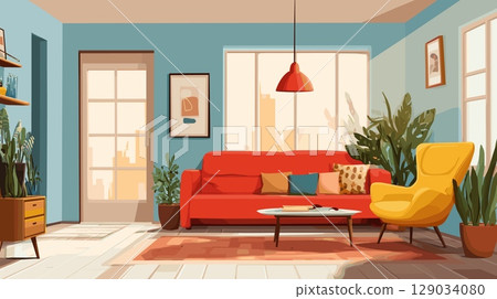 Cozy living room. Apartment home interior inside house city building, sofa couch chair coffee table plants pots minimalistic design down town in windows cartoon vector illustration 129034080