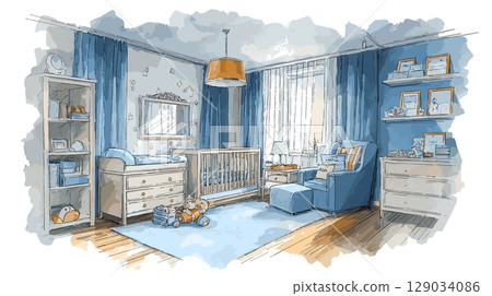 Boys nursery watercolor interior. Baby room design for boy kid, child home furniture newborn bed cot changing table chest of drawers shelf blue wall background vector illustration 129034086