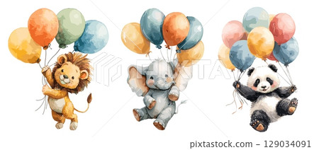 Animals on balloons. Watercolor baby animal flying ballon, cute lion fly funny elephant panda bear in sky nursery child center childish birthday baby shower vector illustration 129034091
