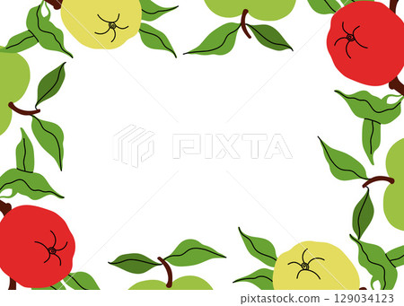Bright apple frame illustration with green and red apples, leaves on white background. Space for text. Perfect for invitation, autumn promotion, and farmers market ads. Flat vector illustration. Bright apple frame illustration with green and red apples, leaves on white background. Space for text. Perfect for invitation, autumn promotion, and farmers market ads. Flat vector illustration. 129034123