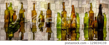 Abstract collage with colored bottles on a reflective surface 129034139