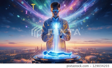 Man standing in light with glowing tech aura, surrounded by virtual symbols in a sci-fi cityscape. Enlightenment meets innovation. Generative AI. Man standing in light with glowing tech aura, surrounded by virtual symbols in a sci-fi cityscape. Enlightenment meets innovation. Generative AI. 129034203