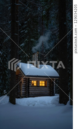 Snowy wooden cabin glowing with warm light in a dark forest. Cozy and peaceful winter retreat for phone wallpapers. Generative AI. Snowy wooden cabin glowing with warm light in a dark forest. Cozy and peaceful winter retreat for phone wallpapers. Generative AI. 129034205