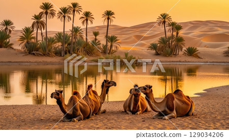 Group of camels resting beside a desert oasis at sunset. Tranquil nature scene. Generative AI. Group of camels resting beside a desert oasis at sunset. Tranquil nature scene. Generative AI. 129034206