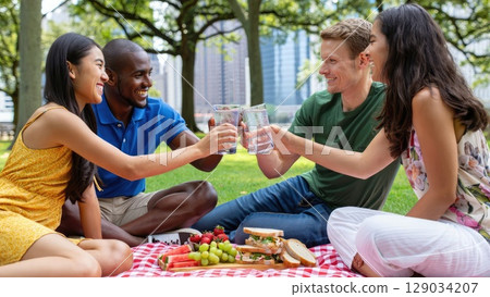 Group of friends enjoying a summer picnic on a sunny day in the park. Generative AI. Group of friends enjoying a summer picnic on a sunny day in the park. Generative AI. 129034207