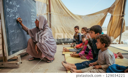 Refugee children attentively learn outside in makeshift desert classroom with chalkboard and tent. Generative AI. 129034221