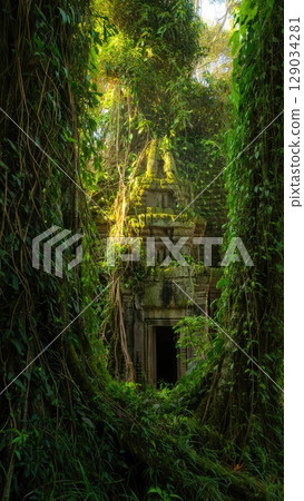 Lush jungle overgrown with moss surrounding a mysterious ancient temple, evoking exploration and ancient secrets. Generative AI. 129034281