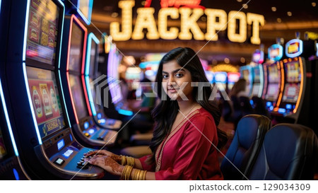 Woman celebrating a win at a casino slot machine under a glowing Jackpot sign, full of thrill and luck. Generative AI. Woman celebrating a win at a casino slot machine under a glowing Jackpot sign, full of thrill and luck. Generative AI. 129034309