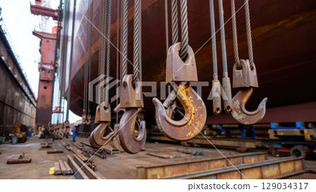 Heavy-duty shipyard crane hooks hanging beside vessel in dry dock. Generative AI. 129034317