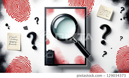 Detective-themed collage with fingerprint, magnifying glass, question marks, and mystery papers on a textured red and white surface. Generative AI 129034373