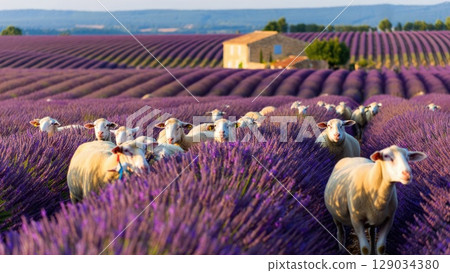 Flock of sheep grazing in a vast lavender field under a bright sky, rural summer atmosphere. Generative AI. Flock of sheep grazing in a vast lavender field under a bright sky, rural summer atmosphere. Generative AI. 129034380