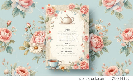 Elegant wedding menu design with roses on blue floral background. Classy layout with soft tones and vintage flair. Generative AI. 129034392