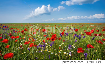 Blooming wildflower meadow under bright sky with white clouds. Cheerful summer nature background for smartphones. Generative AI. 129034393