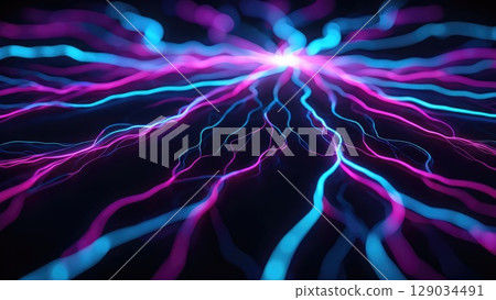 Electric neon lightning lines criss-cross a dark field, glowing in vibrant pink and blue colors. A sci-fi energy abstract background. Generative AI. 129034491
