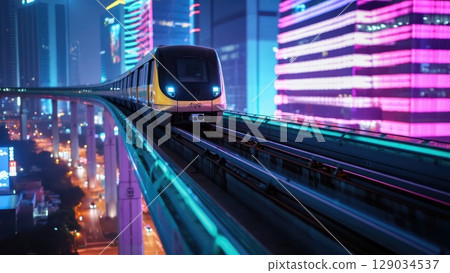 Modern monorail gliding through neon-lit futuristic city at night. Urban transit concept. Generative AI. Modern monorail gliding through neon-lit futuristic city at night. Urban transit concept. Generative AI. 129034537