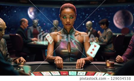 Futuristic humanoid robot playing blackjack at a casino table surrounded by human players. Generative AI. Futuristic humanoid robot playing blackjack at a casino table surrounded by human players. Generative AI. 129034538