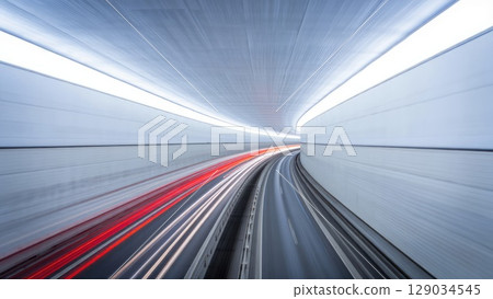 Abstract motion blur of high-speed tunnel traffic with light trails. Generative AI. 129034545