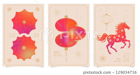 Chinese New Year design cards set. 2026 year of the Horse. Eastern Lunar new year concept. Geometric modern silhouettes vector with abstract forms, gradients, Horse. Design for calendar, cover, flyer. Chinese New Year design cards set. 2026 year of the Horse. Eastern Lunar new year concept. Geometric modern silhouettes vector with abstract forms, gradients, Horse. Design for calendar, cover, flyer. 129034716
