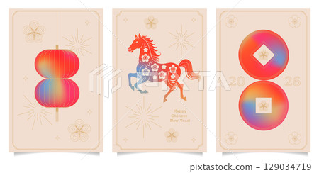 Chinese new year 2026 year of the Horse greeting cards set. Gradient silhouettes Horse illustrations. Modern vector designs with lantern, coins. Lunar new year geometric concept 129034719