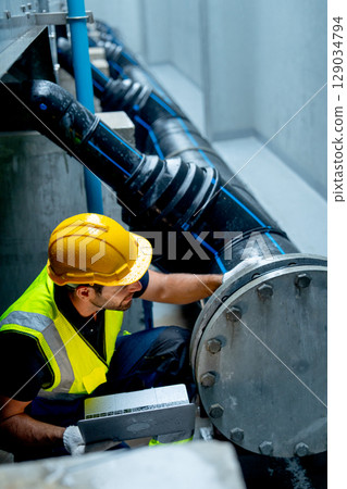 Vertical image of engineer or technician worker use laptop to check pipe system of factory building during raining. 129034794