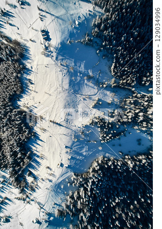Aerial view top-down reveals snow-covered landscape with small cluster of buildings surrounded by dense pine forests. Long shadows of trees and structures create intricate patterns on pristine snow. Aerial view top-down reveals snow-covered landscape with small cluster of buildings surrounded by dense pine forests. Long shadows of trees and structures create intricate patterns on pristine snow. 129034996