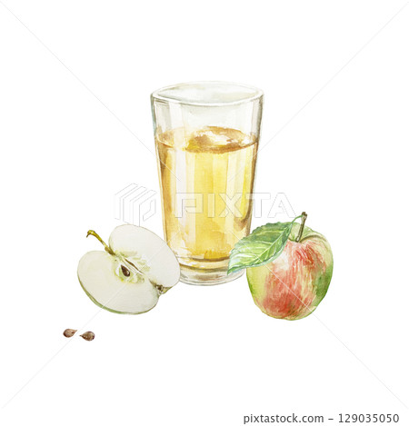 Glass of fresh apple juice, whole tasty fruit with leaf and its half watercolor illustration isolated. Hand drawn bright botanical clip art for creating juice labels or menu design. Glass of fresh apple juice, whole tasty fruit with leaf and its half watercolor illustration isolated. Hand drawn bright botanical clip art for creating juice labels or menu design. 129035050