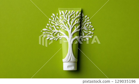 Eco-Friendly Cosmetic Tube with Tree Design on Green Background Eco-Friendly Cosmetic Tube with Tree Design on Green Background 129035196