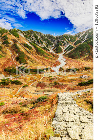 The autumnal colors of the Tateyama mountain range and the road to Raichozawa The autumnal colors of the Tateyama mountain range and the road to Raichozawa 129035292