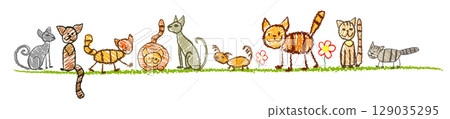 Cats drawn with pencils by children. hand drawn. Not AI, Vector illustration 129035295