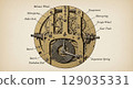 Engraving depicts the anatomy of a classic clock mechanism, showcasing detailed gears, balance wheel, escapement, and various components essential for timekeeping. 129035331