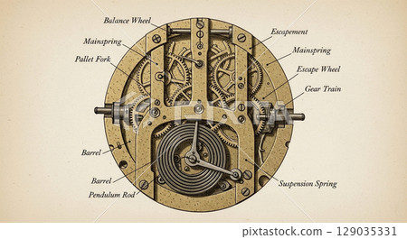 Engraving depicts the anatomy of a classic clock mechanism, showcasing detailed gears, balance wheel, escapement, and various components essential for timekeeping. 129035331