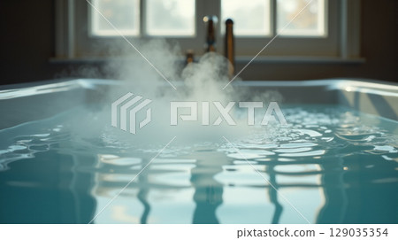 Warm steam curls upwards from the clear water of a hot bath, creating a calming ambiance. Sunlight filters through a nearby window, enhancing the peaceful setting. 129035354