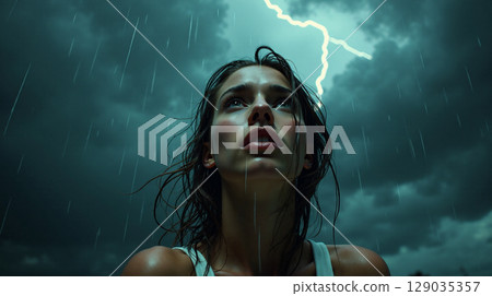 Caught in a torrential downpour, a young woman stands in an open area with hair clinging to her face. Dark storm clouds swirl overhead as lightning flashes, conveying her growing fear. 129035357