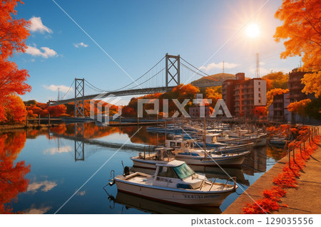 Recreational fishing boats at Mojiko Port No. 2 Boat Harbour and Kanmon Bridge Autumn leaves 129035556
