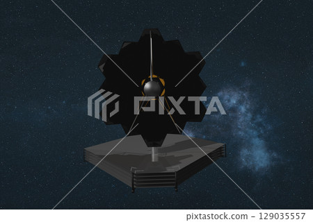 A segmented, hexagonal-mirrored space telescope floats against a starry backdrop and distant galaxy. The central structure and multi-layered platform emphasize thermal and observational complexity. A segmented, hexagonal-mirrored space telescope floats against a starry backdrop and distant galaxy. The central structure and multi-layered platform emphasize thermal and observational complexity. 129035557