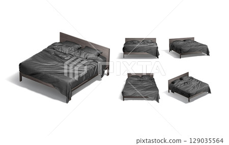 Blank wooden double bed with black bedding mockup, different views Blank wooden double bed with black bedding mockup, different views 129035564