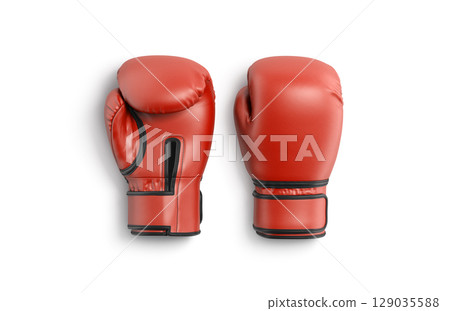 Blank red boxing gloves mockup lying, front and back, isolated 129035588