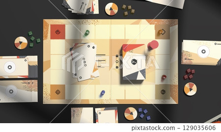 Colored board game field with chips, dice and cards mockup Colored board game field with chips, dice and cards mockup 129035606