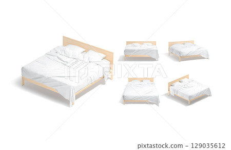 Blank wooden double bed with white bedding mockup, different views 129035612