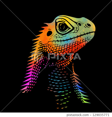 colored Lizard head on black background. hand drawing. Not AI, Vector illustration 129035771