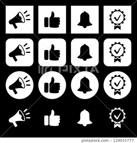 Set of promotion icons. Announcement, like, subscribe, bell, and quality sign. White icons 129035777