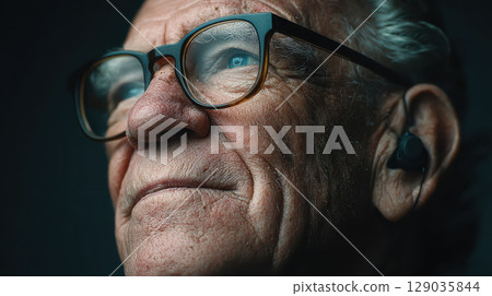 Elderly man with glasses and hearing aid in thoughtful pose - focus on senior technology and lifestyle 129035844