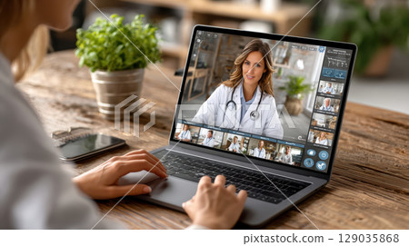 Virtual medical consultation with female doctor on laptop screen in home office setting for telehealth communication 129035868