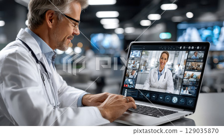 Doctor conducting virtual consultation with colleague on laptop in modern medical facility 129035870