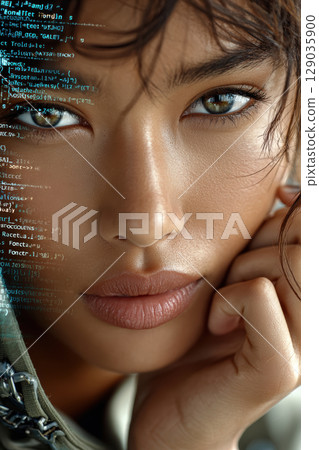 Close-up portrait of a woman with digital code reflections on glasses 129035900